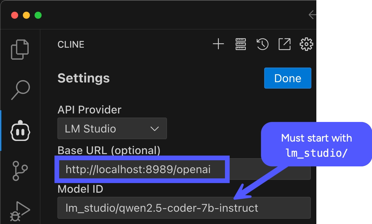Cline settings for LM Studio