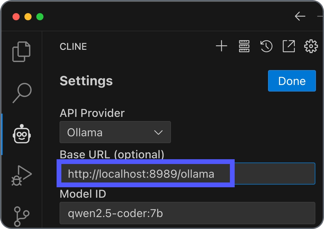 Cline settings for Ollama